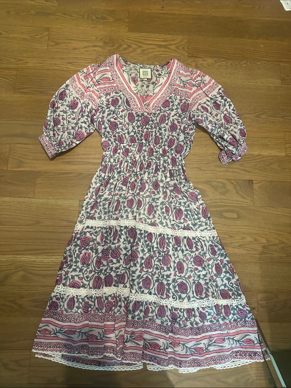 Bell Pink and Gray Floral Smocked Midi Dress